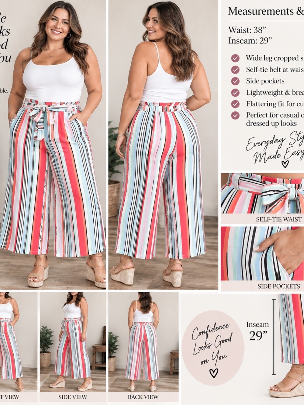 Bar III Coral, White & Black Striped Wide-Leg Self-Tie Pants
